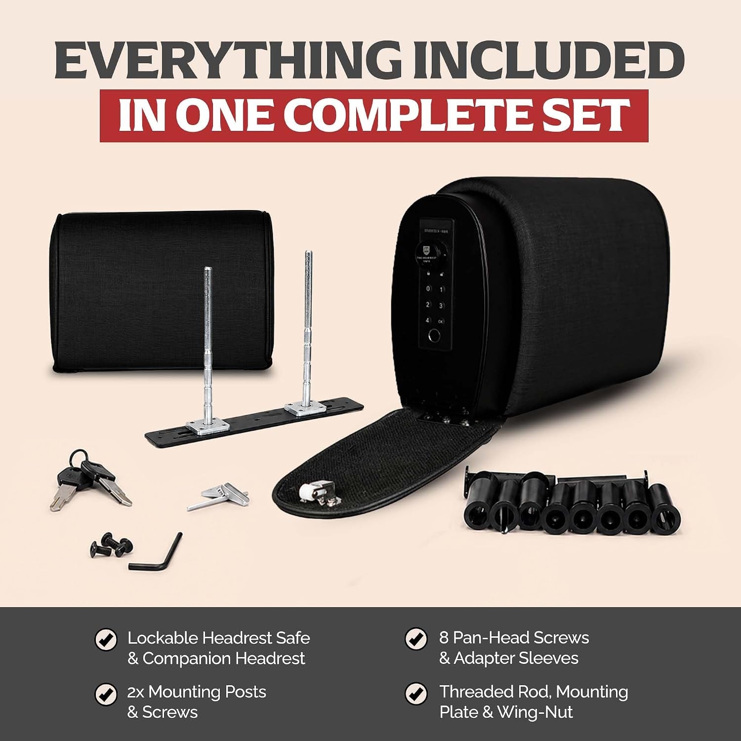 Removable Slide Hidden Car Headrest Safe with Companion, Biometric Access