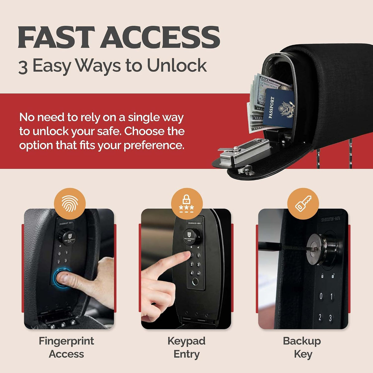 Removable Slide Hidden Car Headrest Safe with Companion, Biometric Access