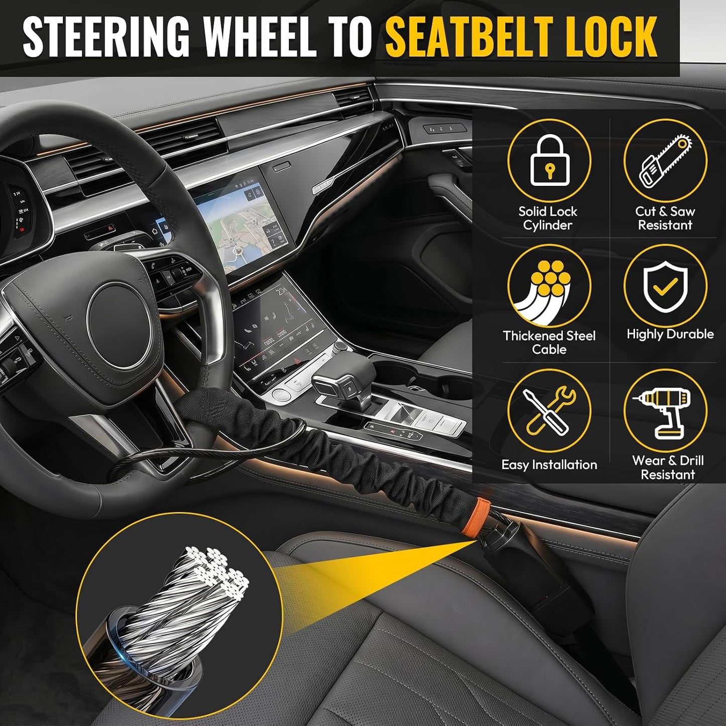 Car Steering Wheel Lock,17" Car Security Anti-Theft,Thickened Steel Wire