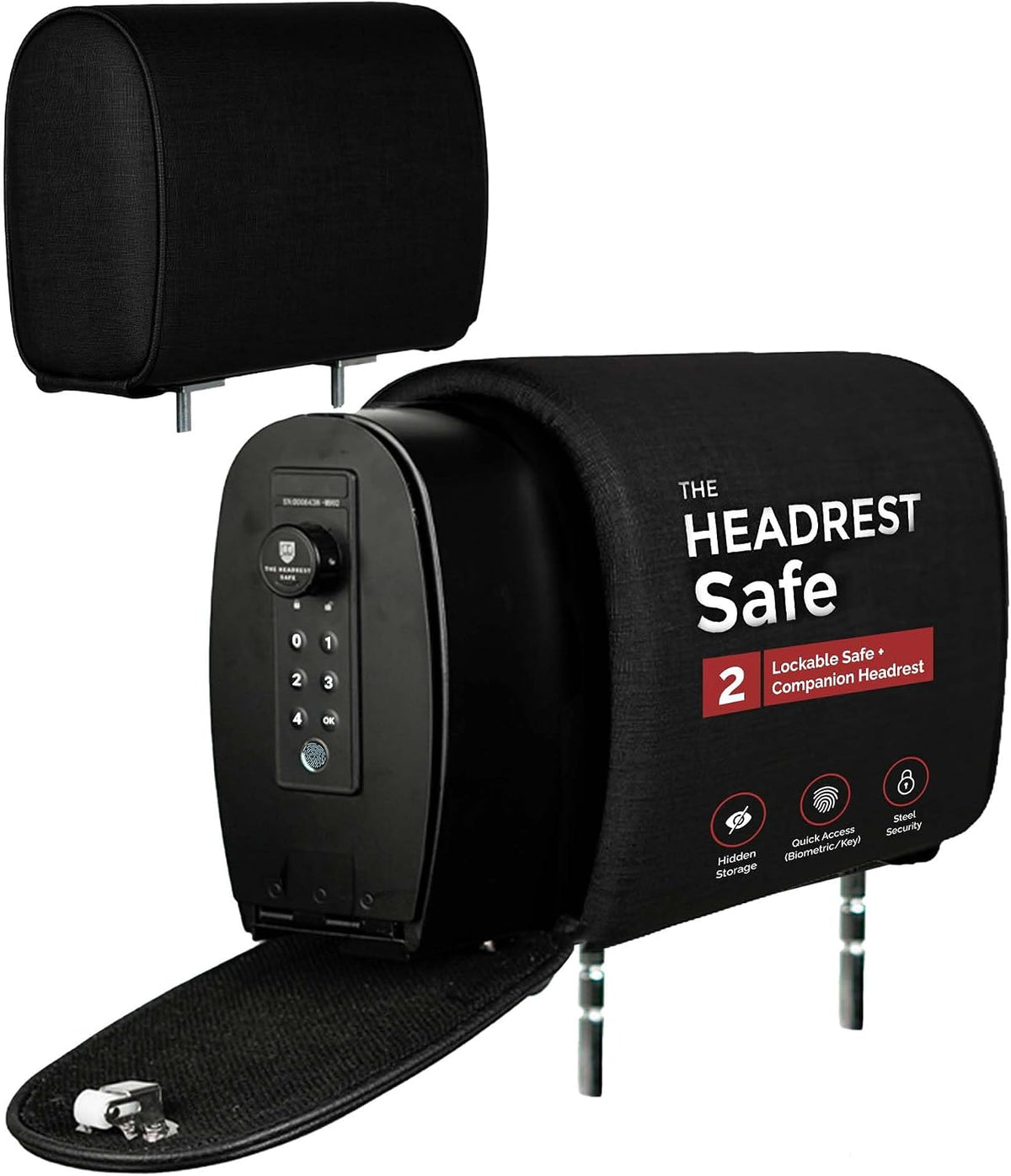 Removable Slide Hidden Car Headrest Safe with Companion, Biometric Access
