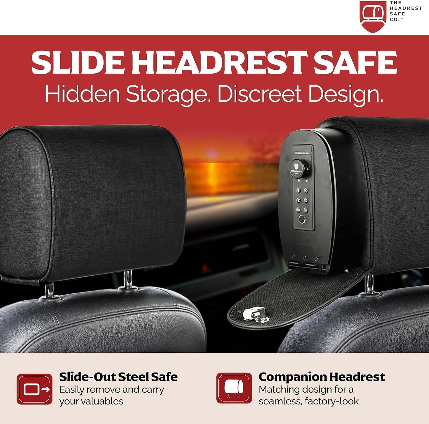Removable Slide Hidden Car Headrest Safe with Companion, Biometric Access